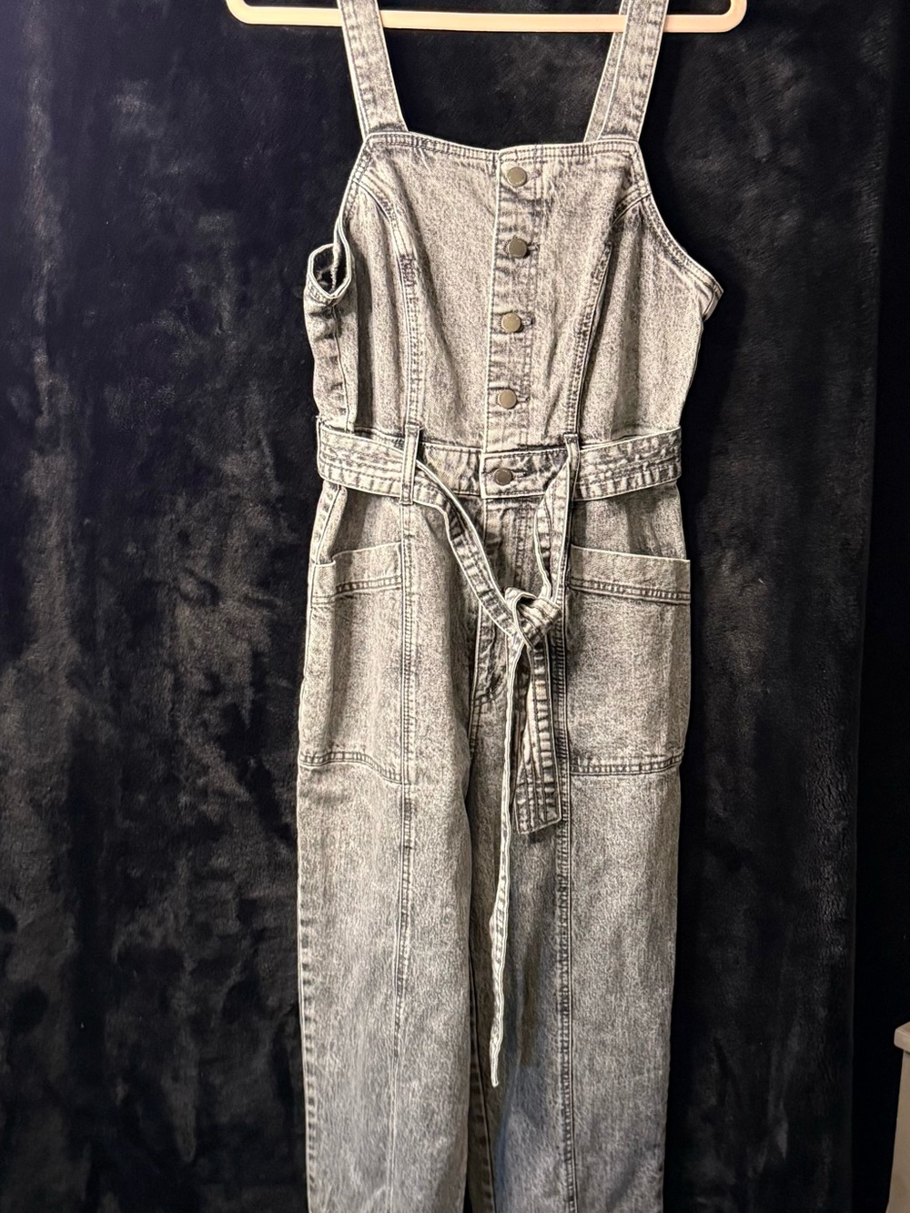 Universal Thread Gray Acid-Wash Denim Jumpsuit with Self-Tie Belt